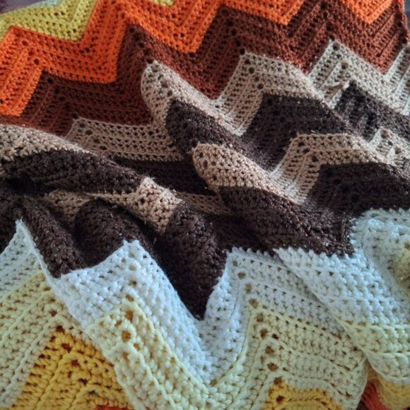 Handmade Afghan Blanket Orange Brown Fall Knit Crochet About 50 x 100 Inches - Picture 3 of 9